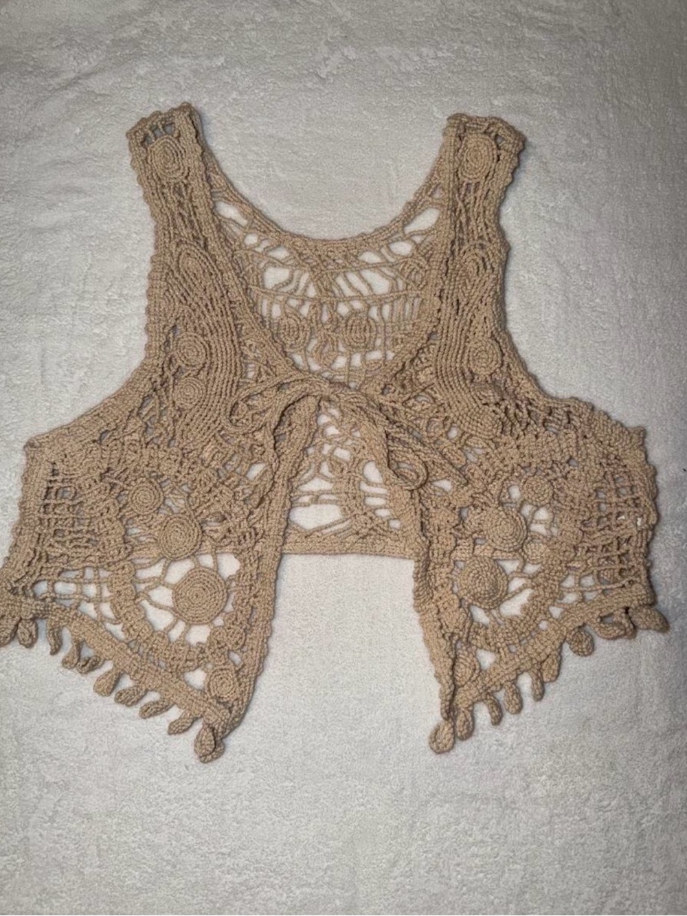 Boho Crochet Tie-Front Vest in Tan